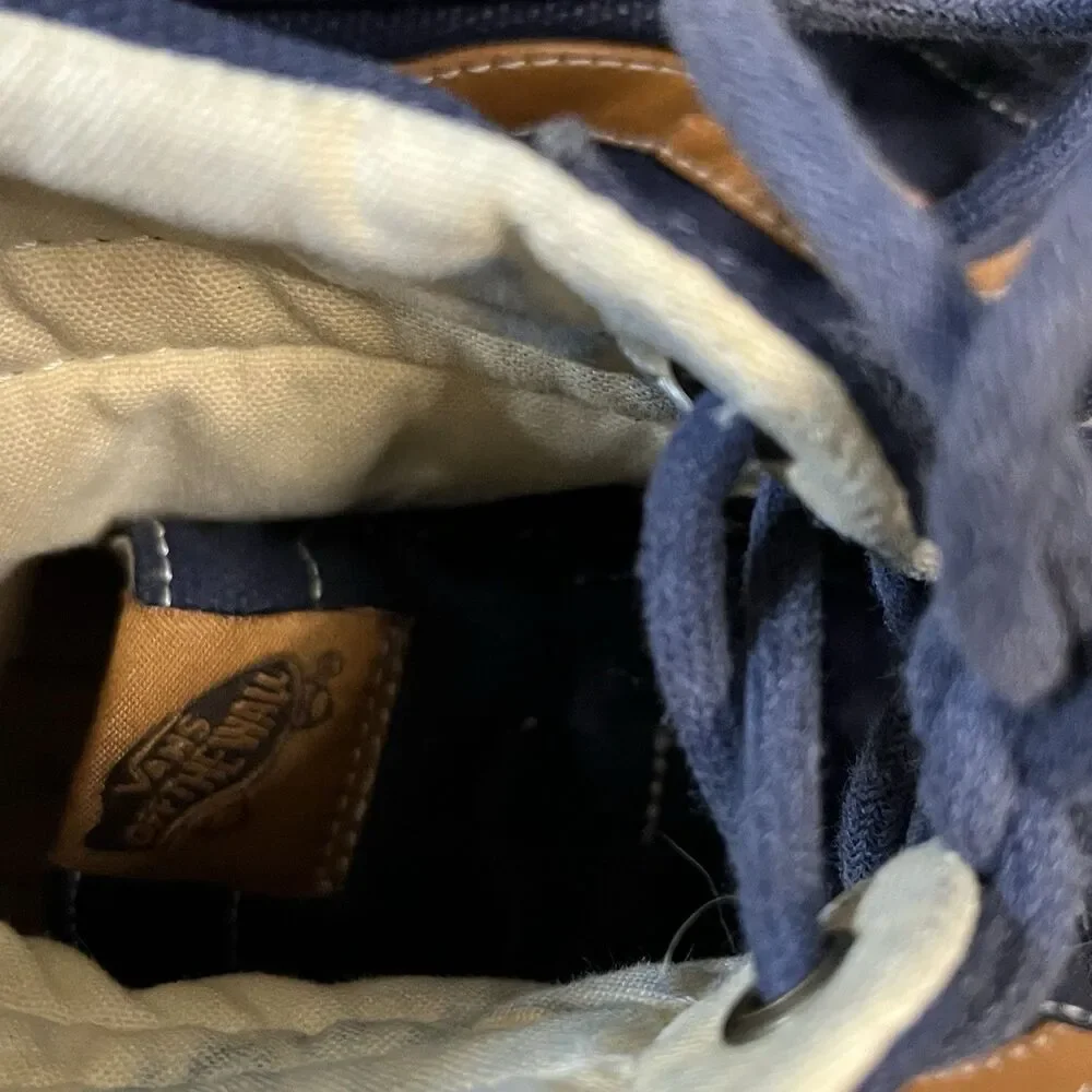 Vans SK8-Hi Navy Blue High Top Sneakers Tan Leather Stripe Skate Shoes Mens 8.5